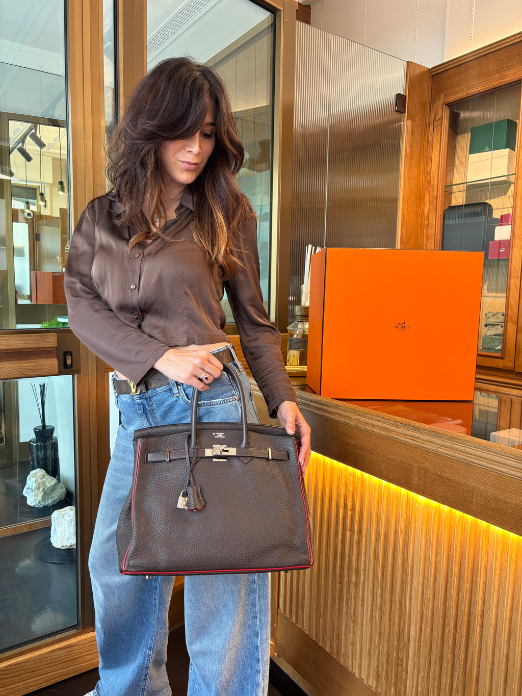 Hermes Birkin 35 marrone con dettaglio rosso