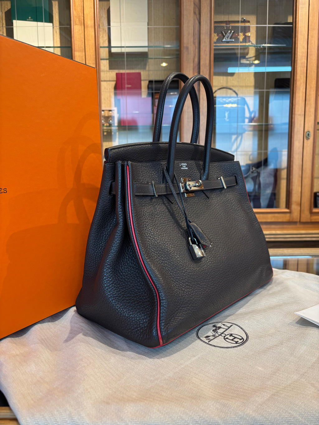Hermes Birkin 35 marrone con dettaglio rosso