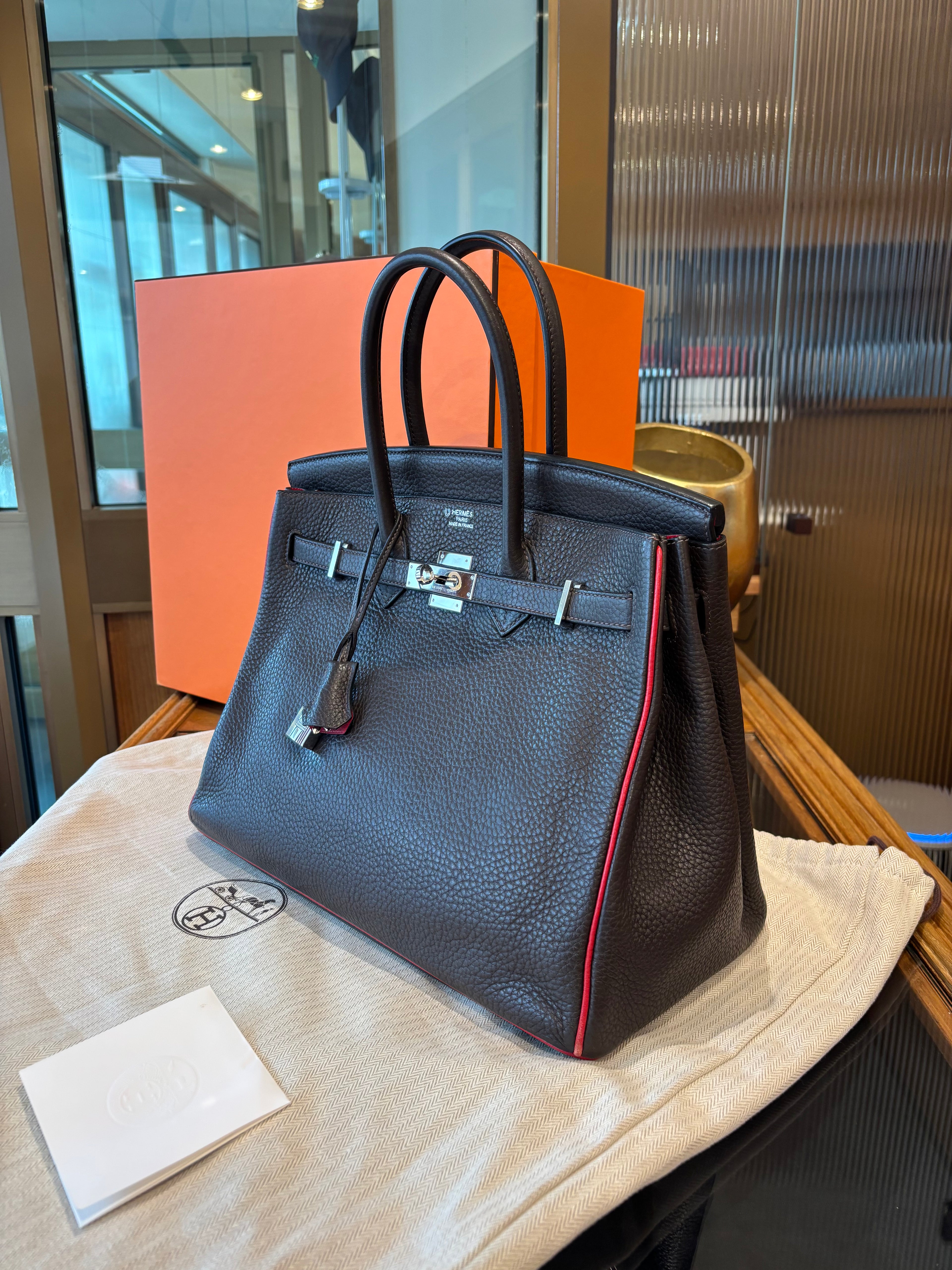 Hermes Birkin 35 marrone con dettaglio rosso