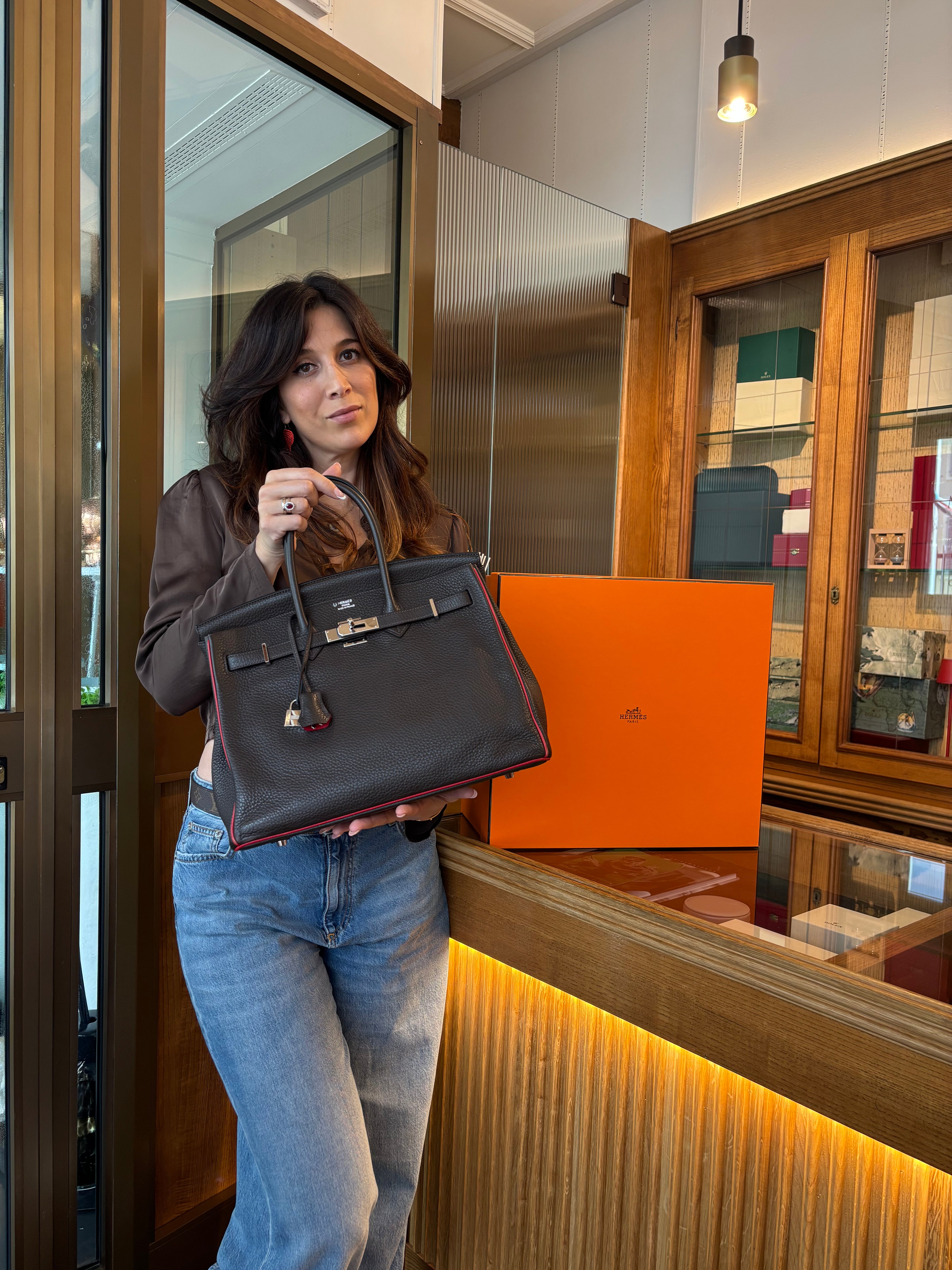 Hermes Birkin 35 marrone con dettaglio rosso