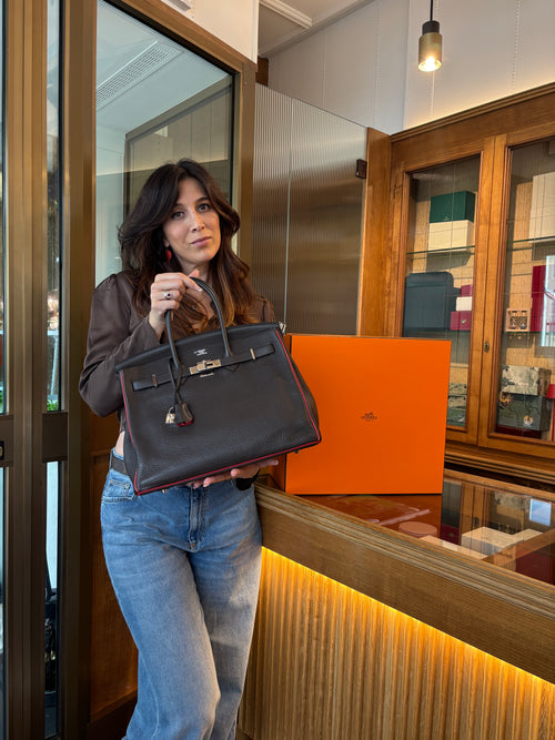 Hermes Birkin 35 marrone con dettaglio rosso